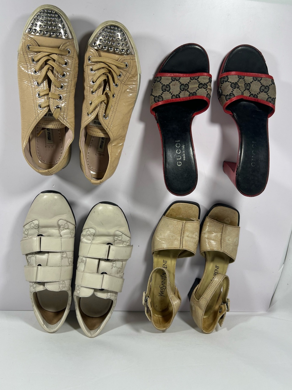 Shoe Rehab 7-3: 4 Pair Designer Lot Gucci Miu Miu YSL